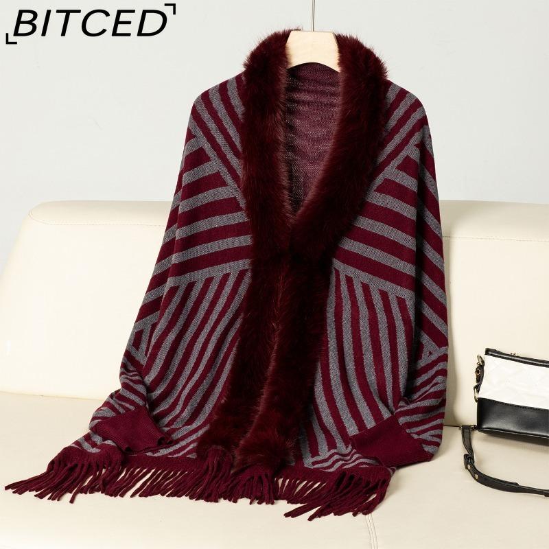

BITCED Autumn/Winter Women s Fashion Striped Fringe Knitted Shawl Cape Versatile Wrap Outerwear Scarf Sweater One size бордовый