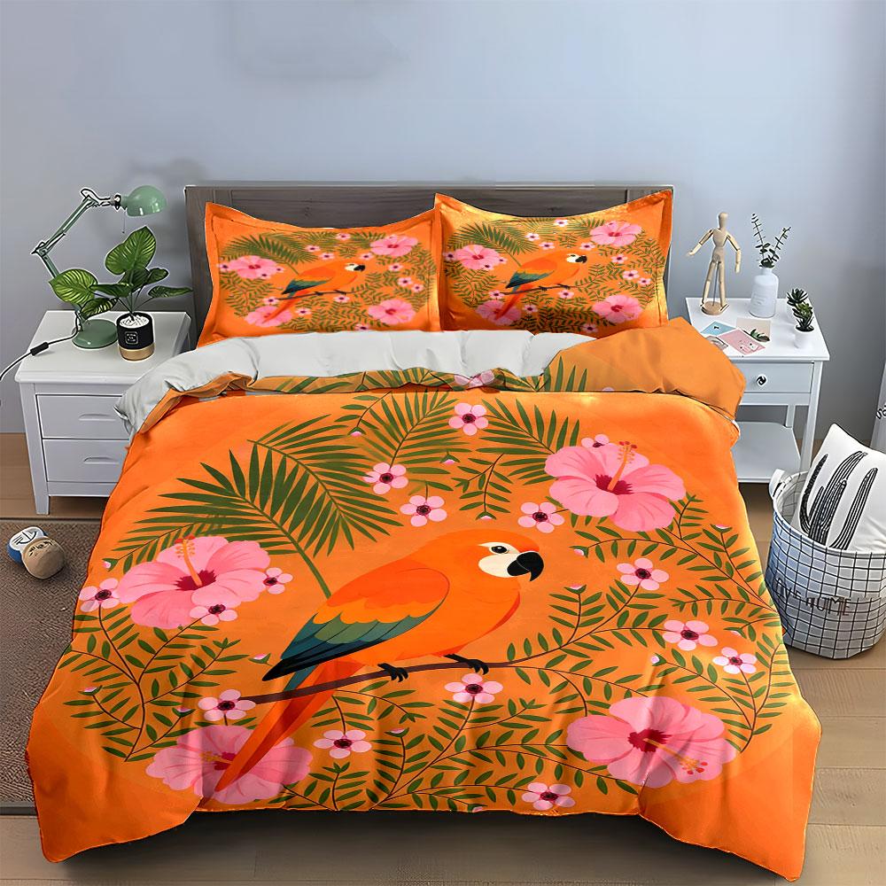 Tropical Parrot Floral Decor Set Soft Comfortable Duvet Cover Bedding Set Included 1*Duvet Cover & 2*Pillowcases, Gift