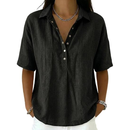 Women Shirt Lapel Buttons Half Placket Short Sleeves Casual Blouse Pure Color Loose Fit