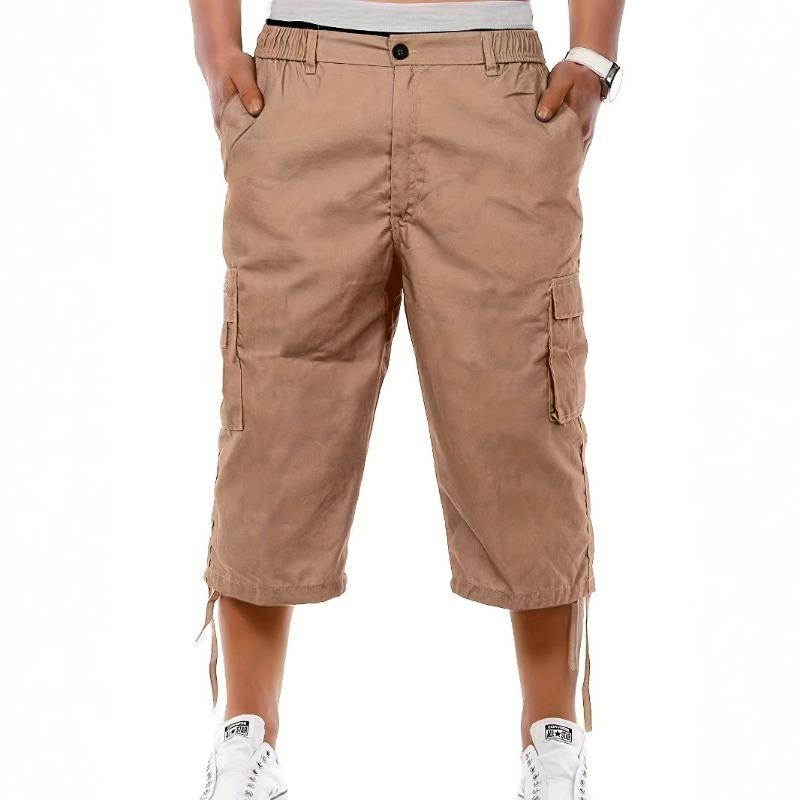 Summer Men's Black Cargo Capri Pants Multi-Pocket Elastic Waist Casual Knee-Length Shorts