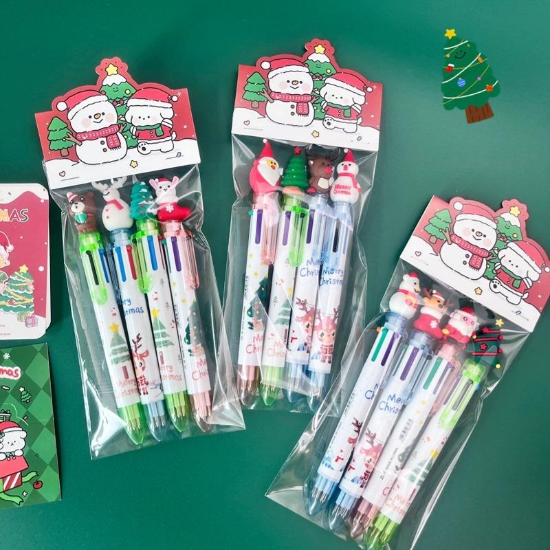 8 Pcs(2 Sets) Cartoon Christmas Ballpoint Pen Santa Colored Handbook Press Pen Student Christmas Gifts Stationery Prizes
