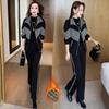 Thickened Velvet Casual Sports Suit for Women in Winter Fashionable Western Style Stand-up Collar Cardigan Wide-leg Pants Two-piece Set