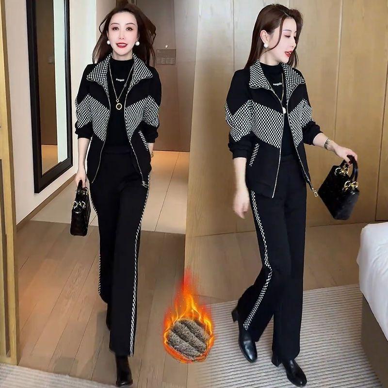 Thickened Velvet Casual Sports Suit for Women in Winter Fashionable Western Style Stand-up Collar Cardigan Wide-leg Pants Two-piece Set