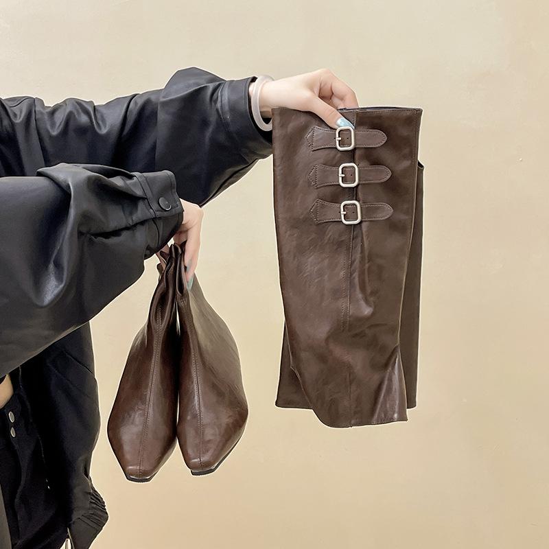 Korean version of the inner height-increasing sleeve leather boots removable trousers boots autumn and winter fashion two wear square head women