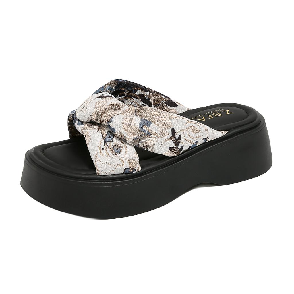 Thick Soled Slippers for Women Summer Chain Denim Chunky Heel Cross Slides Open Toe Outdoor Beach Woman Walking Slides