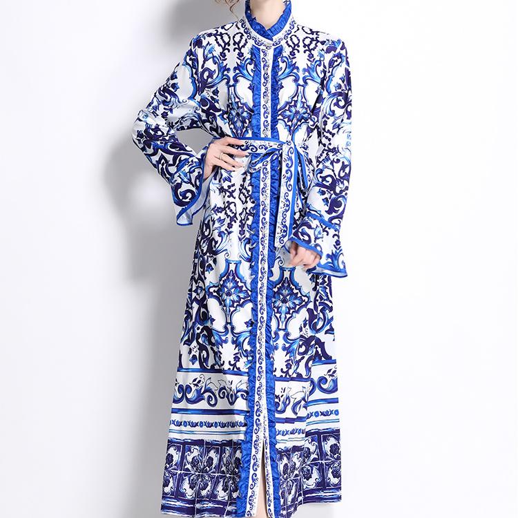 Primavera Otoño Pasarela Amarillo Rojo Azul Y Estampado Porcelana Blanca Bata Vestidos Maxi de Fiesta para Mujer con Volantes Manga Larga Acampanada Cinturón con Cordones