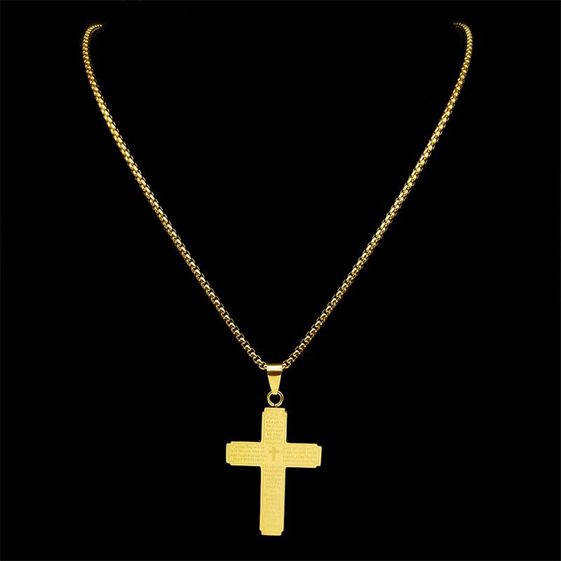 Collana Pendente Croce Bibbia Scritture Cattoliche per Donne Uomini Acciaio Inossidabile Colore Oro Religione Catena di Preghiera Gioielli NZZZ797
