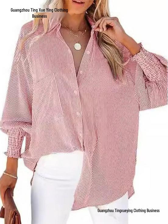Striped Long-Sleeve Loose Casual Women's Pocket Shirt