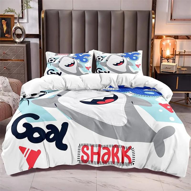 Blått och Vitt Tecknat Hajfiskmönster Barn Påslakan Pojkar Flickor Lyxig Rumsdekoration för Barn Tonåringar Gåva Queen Size
