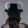 SOMALER Women's Genuine Mink Fur Hat with fox Fur Pom Poms Winter Autumn Lovely Cat Ear Style Caps