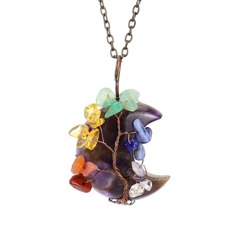 Vintage Handmade Winding Gravel Crystal Tree Of Life Natural Stone Moon Pendant N692