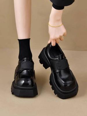 Leather Shoes  New Spring Autumn Women'S Black Loafers Vintage British Style Thick Soled Chunky Heel Jk Leather Dress Shoes