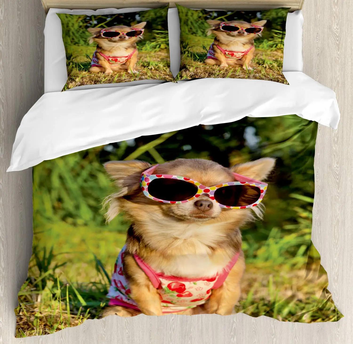 

Cute Chihuahua Dog Duvet Cover SetGirl Chihuahua Fashion Glasses Ribbons PuppyBedding Sets Twin Single King SizePale Pink 70x133cm 2pcs