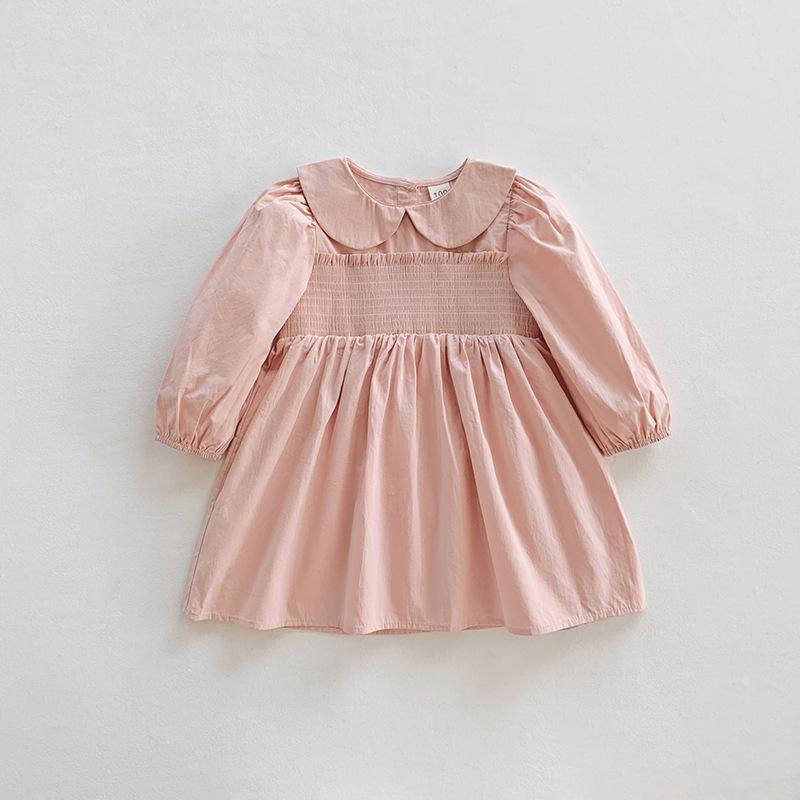 Vintage Smocked Peter Pan Collar Girls Dress Spring Long Sleeve Retro Chic Midi Length Cotton Dress For Kids 90cm