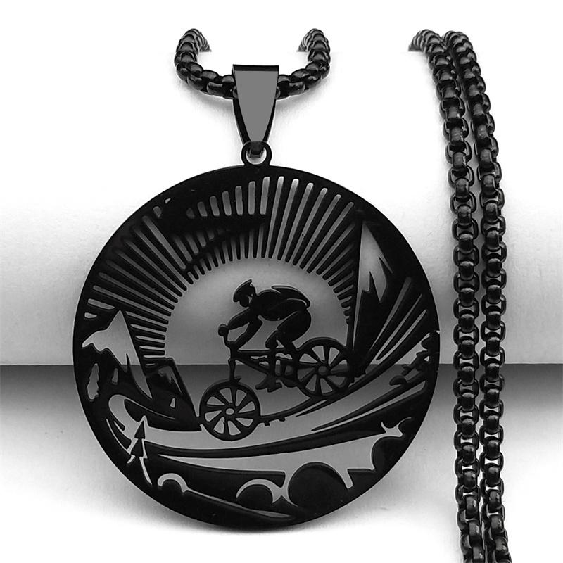 Cycling Man Road Pendant Necklace For Women Men Stainless Steel Gold Color Bicycle Sports Style Gap Travel Male Chain Jewelry