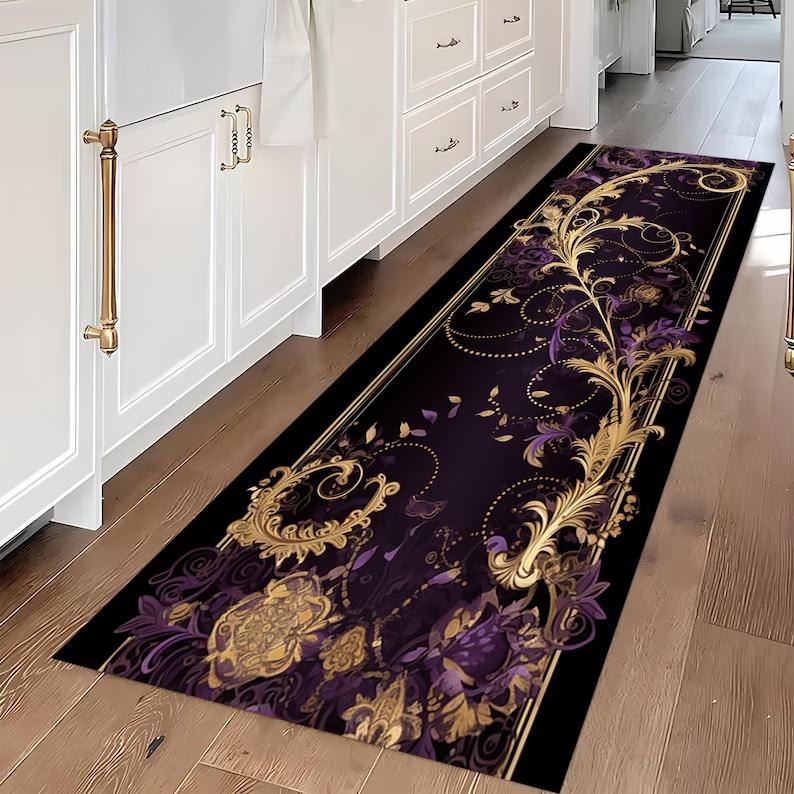 

Baroque Royal Rug Black Purple Gold Carpet Elegant Ornamental Pattern Luxury Hall Runner Home Decoration 40X120CM