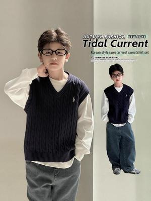2025 Autumn Korean Style Boys' Sweater Vest & Long Sleeve Top Set - Versatile Solid Color, Academy Style, for Big and Middle Kids