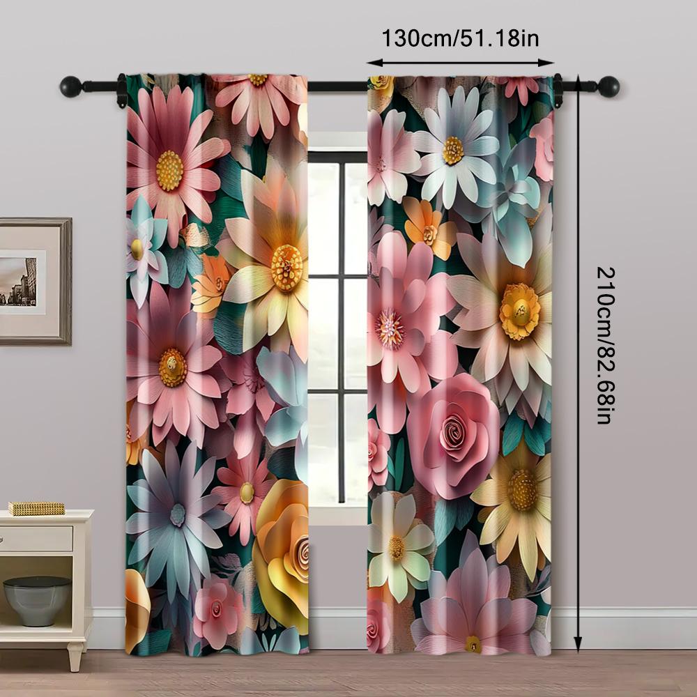 2pcs, Curtains&Drapes 2D Print Beautiful Purple and Pink Flowers Fabric (without Rod) Thermal Insulation, and Room Darkening