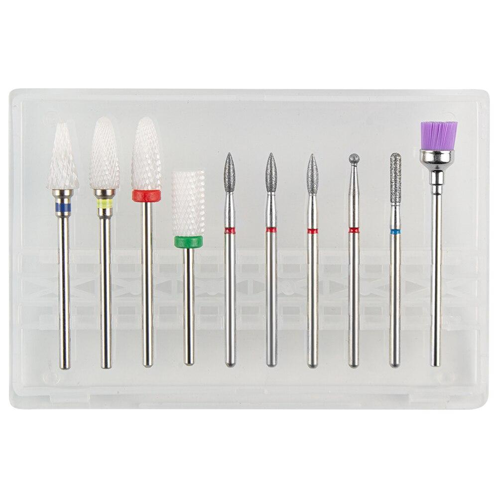 Sada 10ks fréz na manikúru Keramické vrtáky na nehty Čistič kartáč Diamantový mlýnek Příslušenství pro odstranění gelového laku