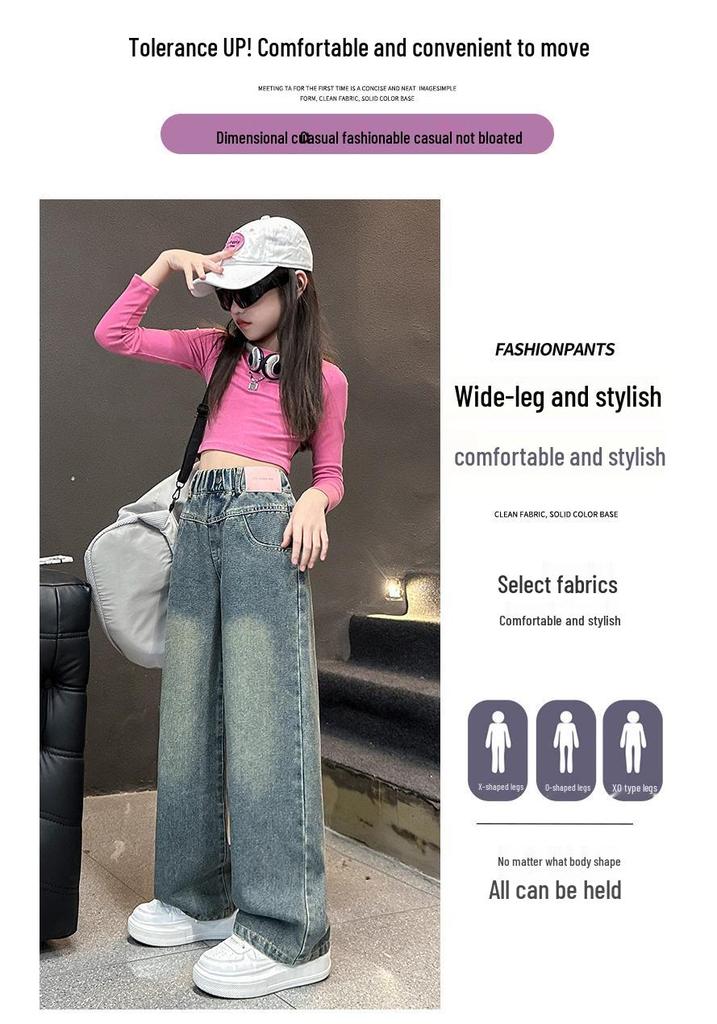 2025 Mädchen High-Waist Weitbeinige Jeans mit Sternen-Aufnähern - Frühling/Herbst Stil für ältere Kinder