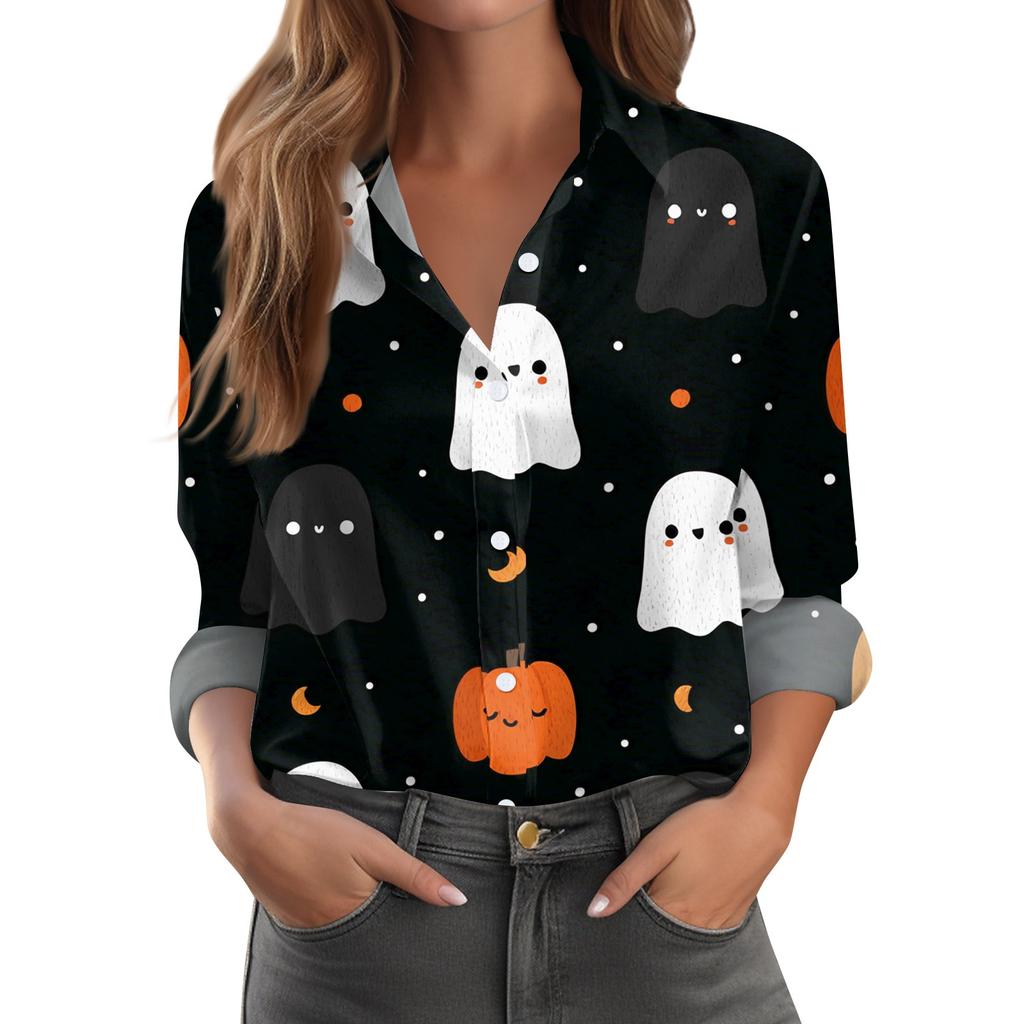 Women's Halloween Printed Casual Half-Open Collar Long Sleeve Shirt