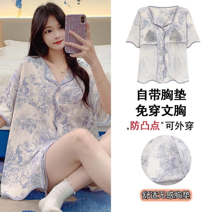 Kommt mit integriertem Brustpolster Pyjama Damen Cardigan Kurzarmshorts Sommer Cartoon Katze Loungewear