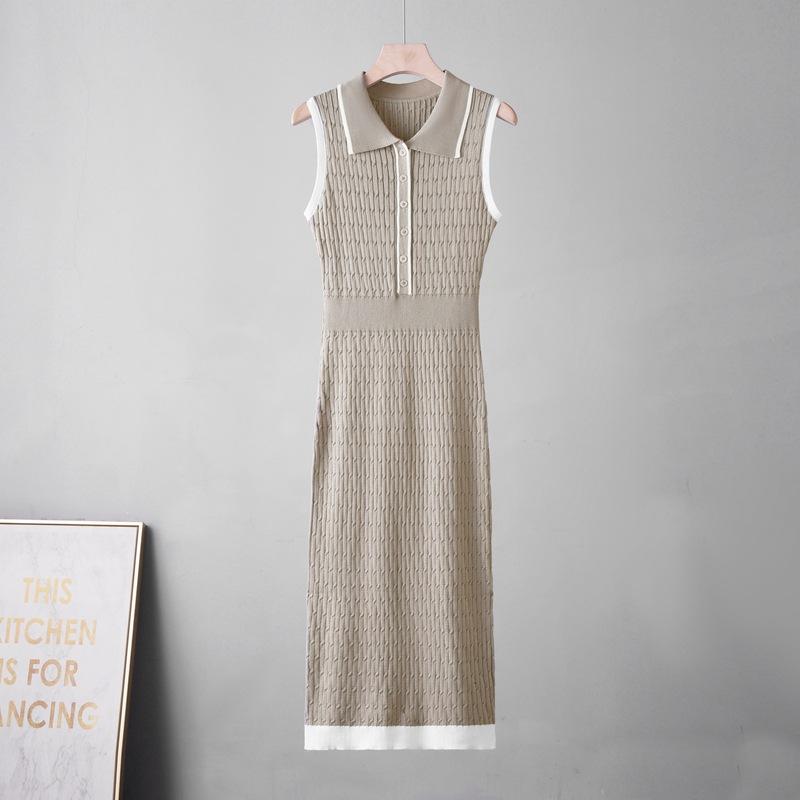 Temperament elegant contrasting color lapel short-sleeved dress women's waist simple and thin pit strip long dress women