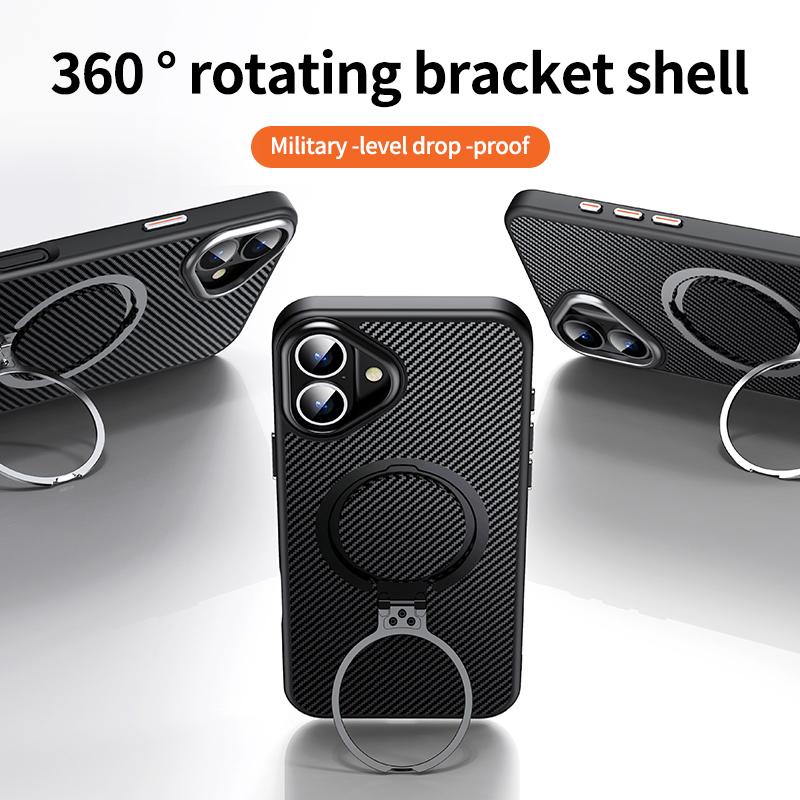 KEYSION Custodia con texture in fibra di carbonio per MagSafe per iPhone 16 16 Plus Supporto ad anello magnetico rotante a 360° Cover per telefono antiurto