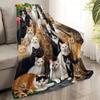 Group Cats Flannel Throw Blanket Various Breeds Cat Portrait Floral Background Sofa Blanket