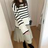Korean Fashion Striped Knitted Pullover Sweater Women Autumn and Winter New Casual Simple Retro Loose Outside Wearing Long Sleeve Loose Crew Neck Tops
