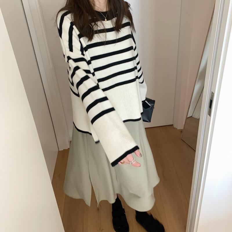 Korean Fashion Striped Knitted Pullover Sweater Women Autumn and Winter New Casual Simple Retro Loose Outside Wearing Long Sleeve Loose Crew Neck Tops