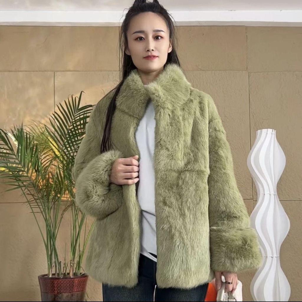 Real Rabbit Fur Coat Long Woman Winter Fashion Stand Collar Plus Size Luxury Warm Outwear Waisted Real Fur
