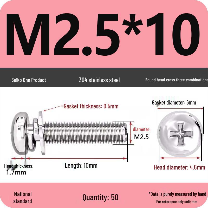 304 Stainless Steel Round Head Phillips Screw with Flat Washer (Sizes M3, M4, M5, M6)