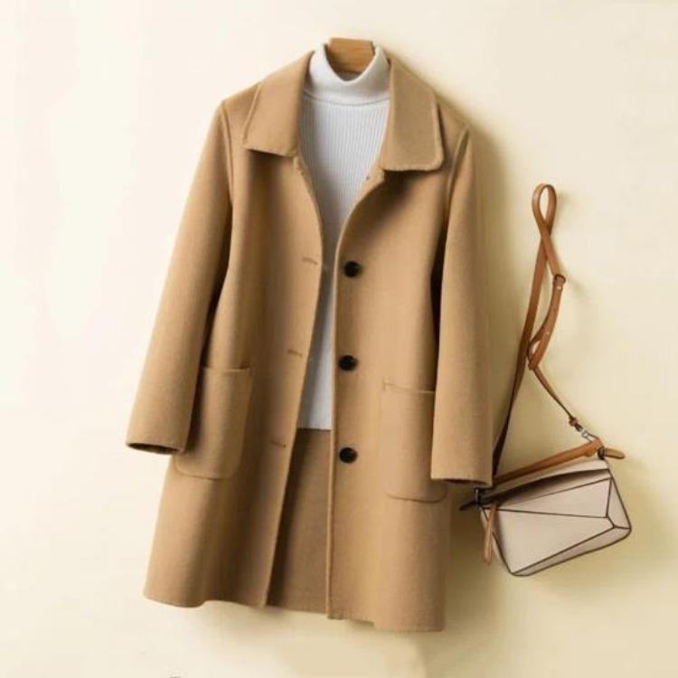 Women Single Breasted Pea Coat Mid Length Wool Blend Trench Coat Notch Lapel
