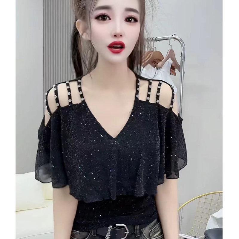 2025 Summer Slimming Stylish V-Neck Ruffle Off-the-Shoulder Beaded Mesh Short-Sleeve Women's Top