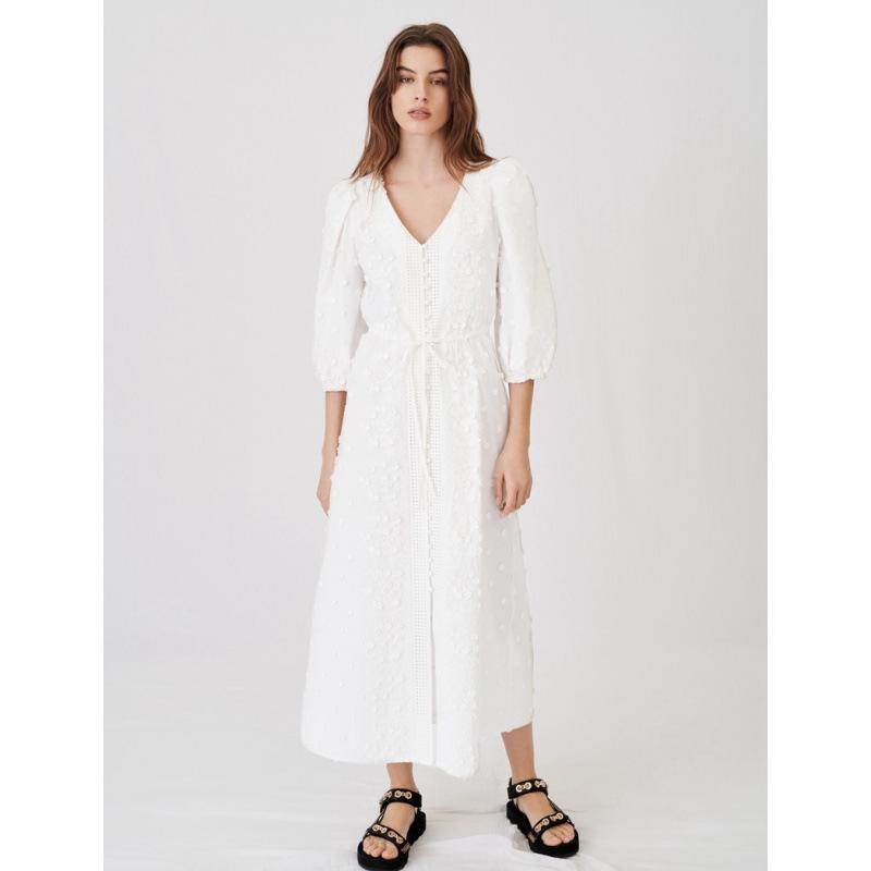 

Exquisite 3D Floral Embroidered Cotton Dress with Puff Sleeves and Tie-Up Waist XXL