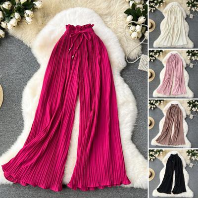 Pantalones de mujer elásticos de cintura alta con cordón ajustable, estilo plisado, pantalones de pierna ancha, color sólido, informales