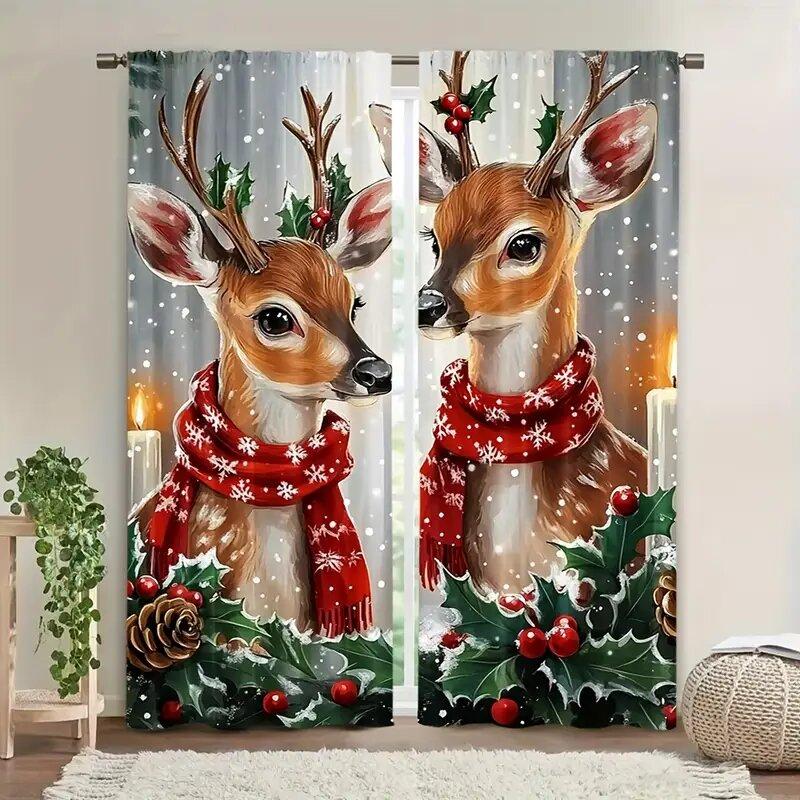 

Christmas reindeer print curtains pole bag curtains bedroom and living room decoration home decoration Christmas decoration 100*130 Rod Pocket 1pcs
