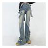 Women's Blue Bow Flare Jeans Harajuku 90s Aesthetic Streetwear Baggy Denim Trousers Y2k Jean Pants Vintage 2000s Trashy Clothes