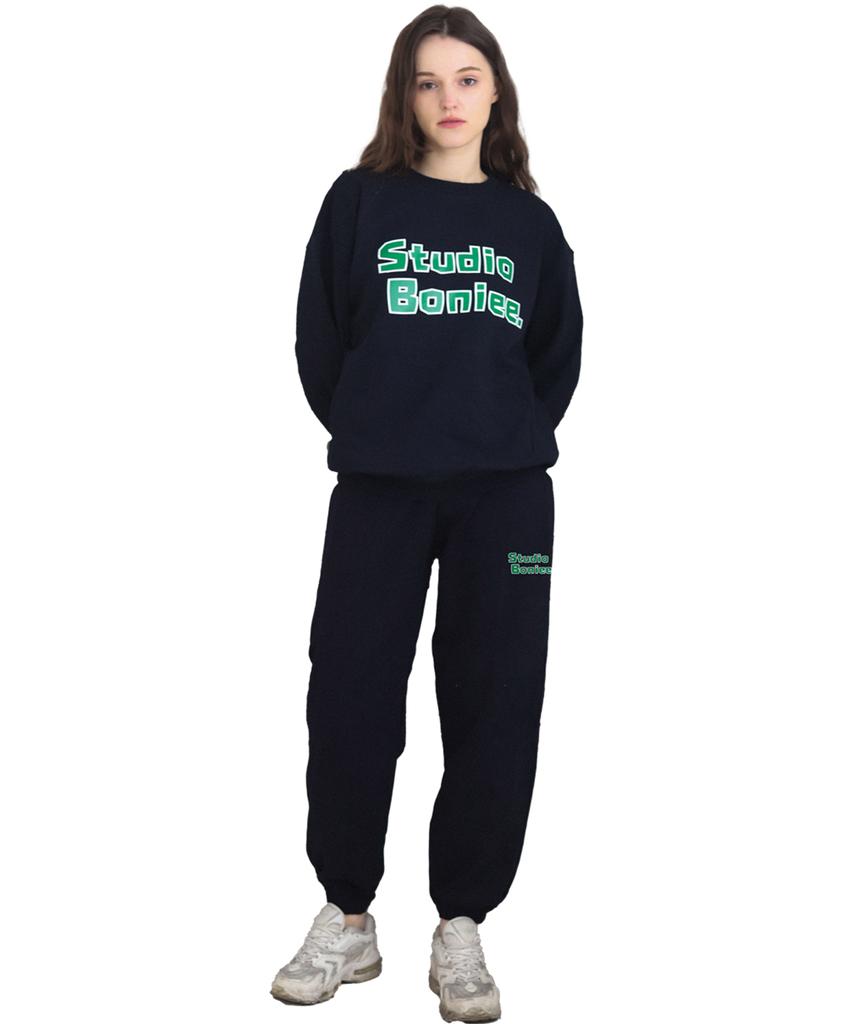 BONIEE [Fleece Lined] Small Block Typo Jogger Elastic Pants Navy