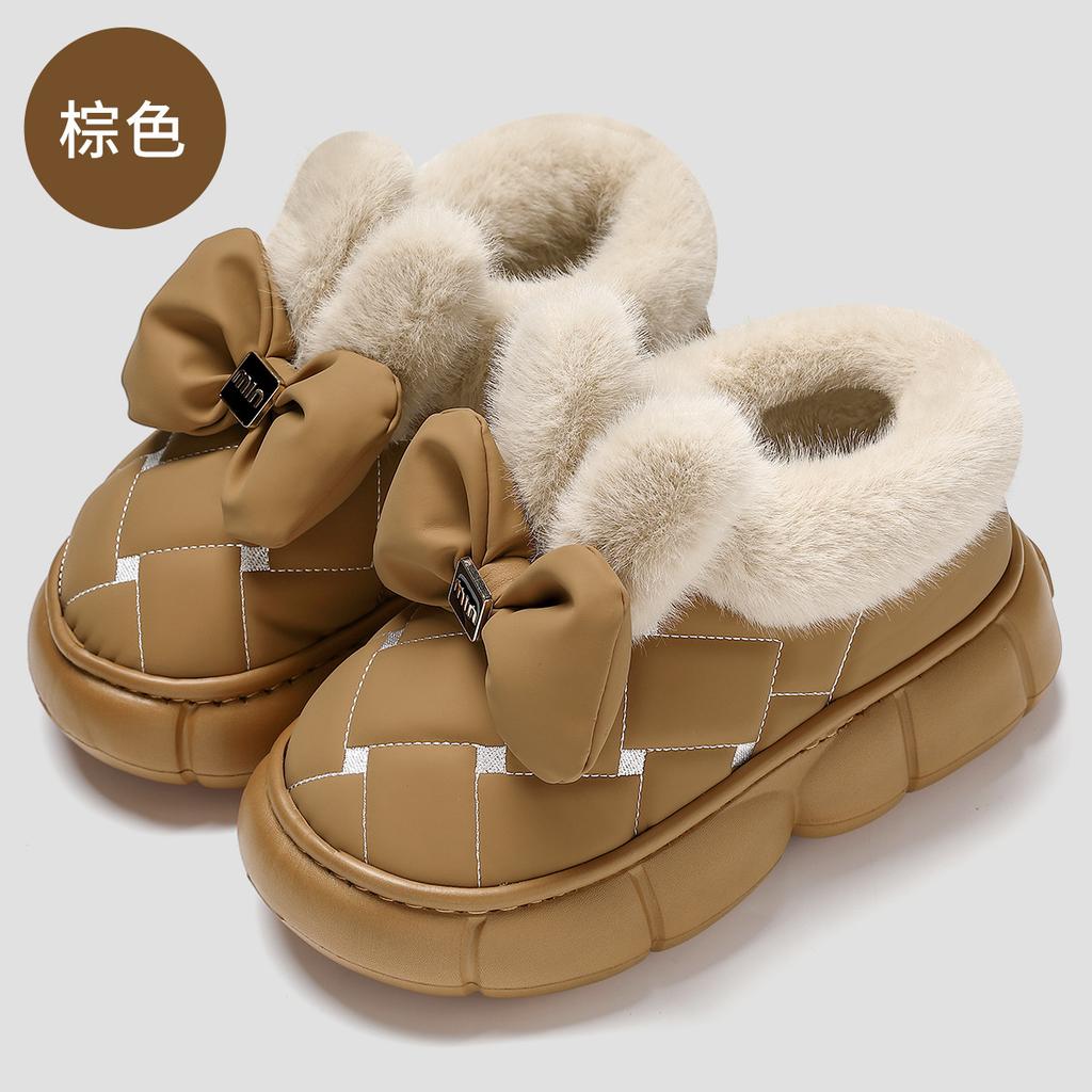 Bow cotton slippers women's winter bag heel cute home household plush warm plush women's cotton shoes winter