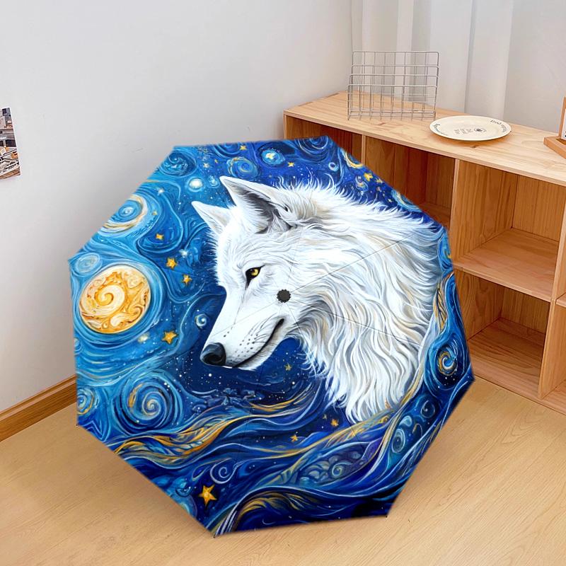 1 Stück Automatischer Faltregenschirm - Weißes Wolfsmuster, Tragbares & Faltbares Design mit 8 Speichen, Weihnachts-Geburtstagsgeschenke