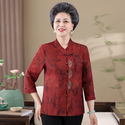 Elderly Women's Chinese Style Floral Print Blouse Half Sleeve Manin Collar Casual Top