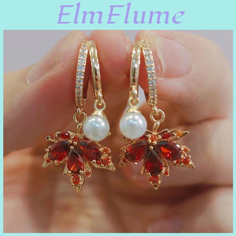 Red Maple Zircon Korean Trend Leaf Imitation Pearl Dangle Earrings For Women Fashion Statement Gold Color Earring Jewelry