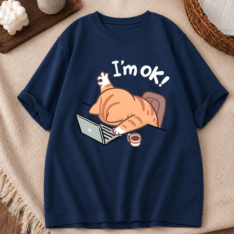 Unisexs Unisexs Cute Im OK Cat Graphic TShirt Casual Round Neck Short Sleeve Tee Cartoon Cat Design Print Tee Shirt
