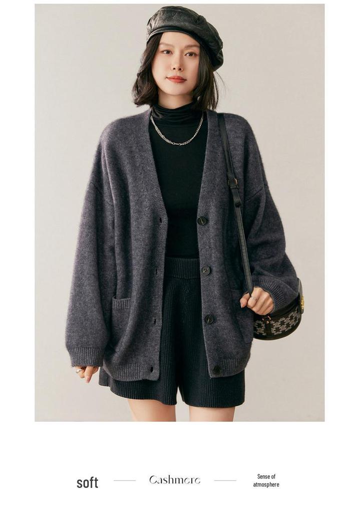 2026 Autumn/Winter Women's Oversized V-Neck Cashmere Cardigan Sweater