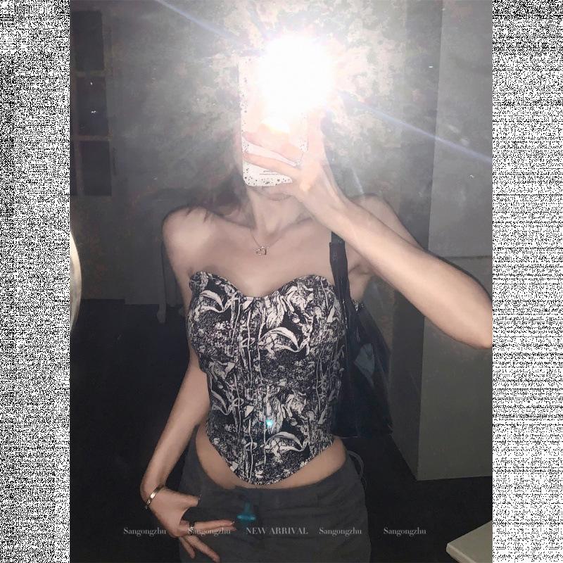 Summer 2025 Retro Slim Fit Printed Sleeveless Bandeau Top for Women - Trendy Student Style