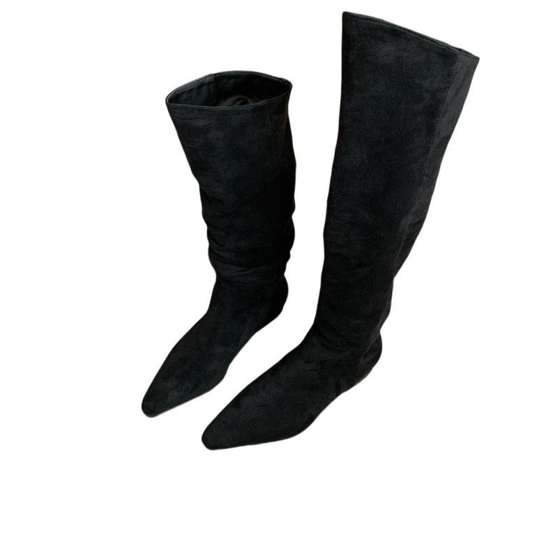 Western Cowboy Boots Women's Coarse Heel Suede Low Heel Skinny Big Tube Around Long Tube But Knee Retro Folded Pile Boots Women