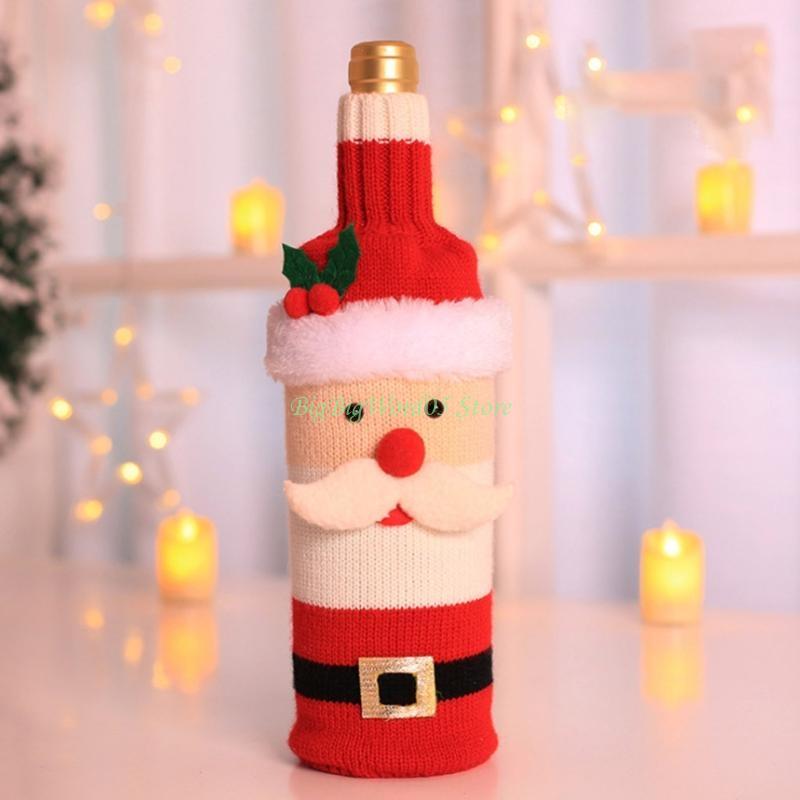 24TE Couvre-bouteille de vin de Noël Décorations de Joyeux Noël Tricot Père Noël Bonhomme de neige Sac Cadeau Bonbon pour la Maison Nouvel An