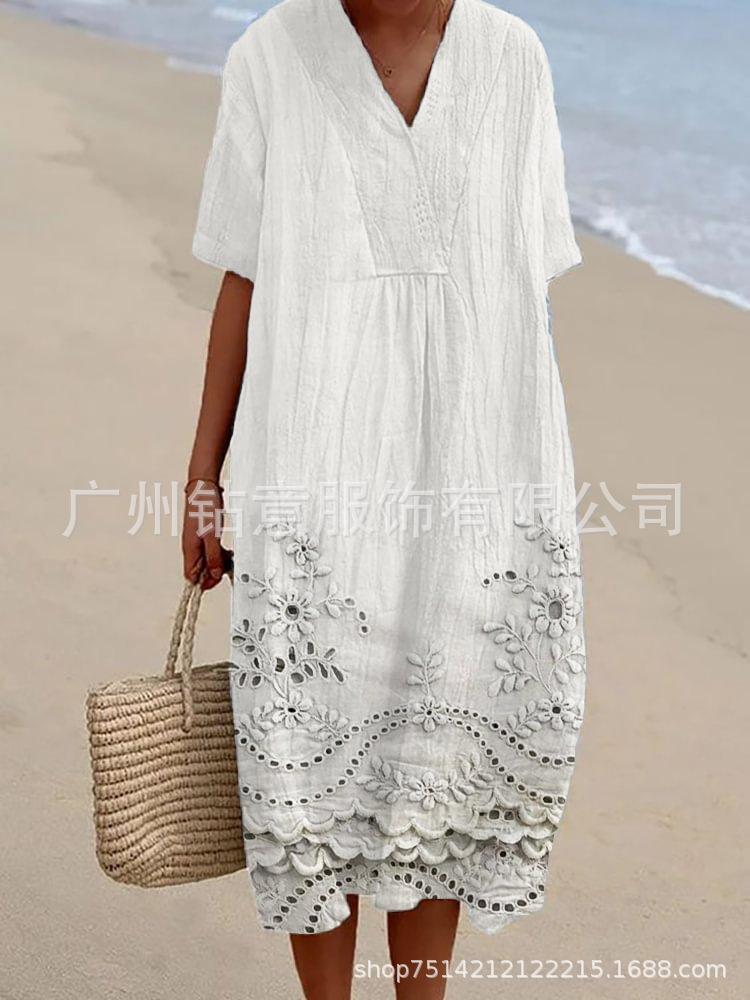 New Loose Casual Comfortable V-neck Digital Printing Pleated Large Version Dress